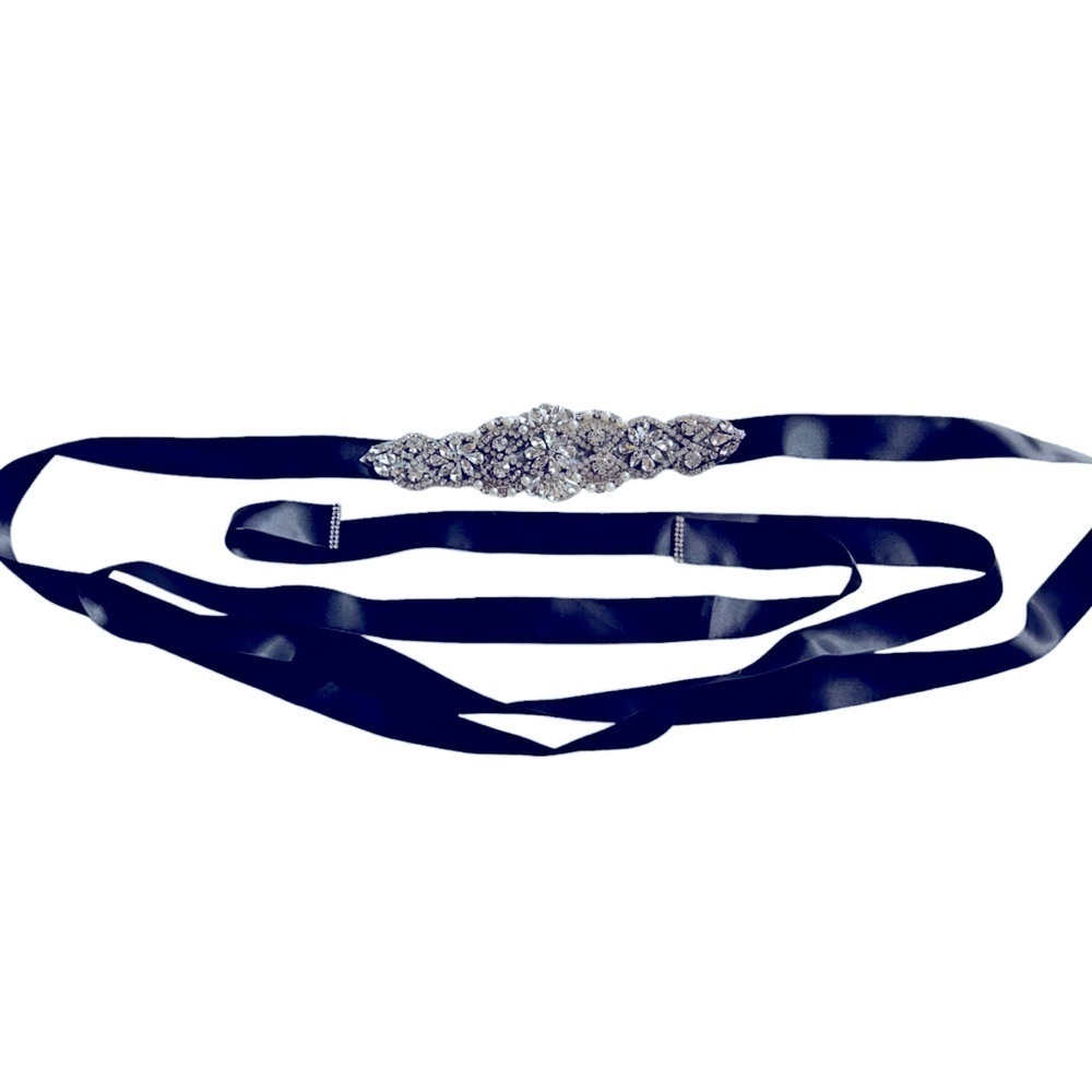 BRIDAL FORMAL RHINESTONE ACCENT TIE BACK BELT BLACK SATIN